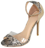 Wild Diva Women Ankle Strap Stiletto High Heels Open Toe Beige Gray Snake Print