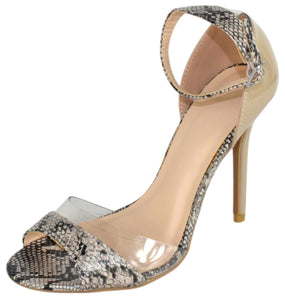 Wild Diva Women Ankle Strap Stiletto High Heels Open Toe Beige Gray Snake Print