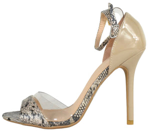 Wild Diva Women Ankle Strap Stiletto High Heels Open Toe Beige Gray Snake Print