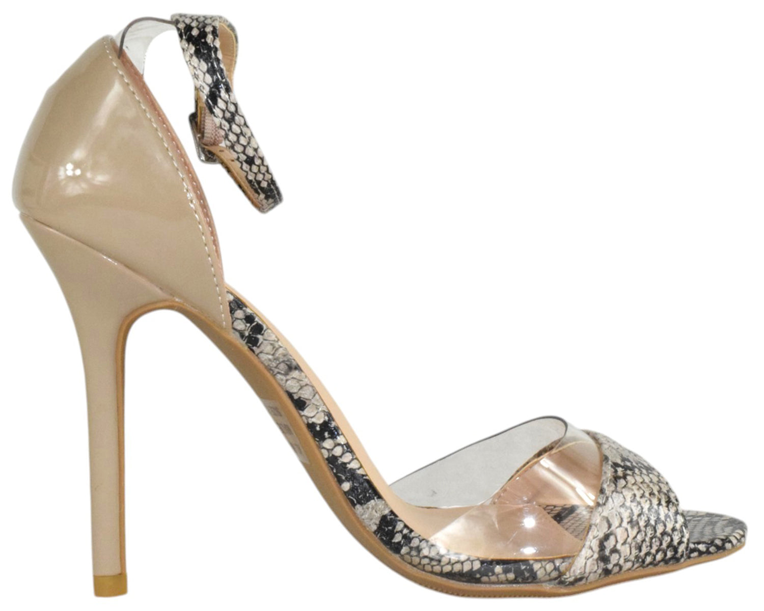 Wild Diva Women Ankle Strap Stiletto High Heels Open Toe Beige Gray Snake Print