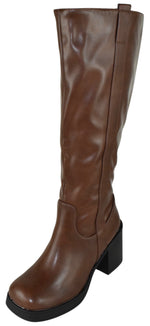 Berness Amada Women's Knee High Boots Chunky Block Heel Platform Lug Sole Side Zipper Soft Faux Leather Tall Riding Boots Brown
