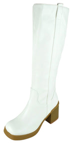 Berness Amada Women's Knee High Boots Chunky Block Heel Platform Lug Sole Side Zipper Soft Faux Leather Tall Riding Boots White