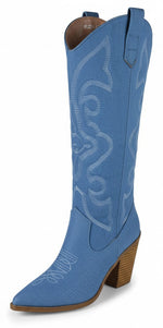 Berness Arizona Women's Knee-High Cowboy Boots Pointed Toe Embroidered Stitching High Block Heel Western Country Concert Line Dance Tall Boots Side Zipper Blue Denim