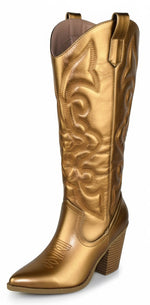 Berness Arizona Women's Knee-High Cowboy Boots Pointed Toe Embroidered Stitching High Block Heel Western Country Concert Line Dance Tall Boots Side Zipper Bronze