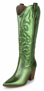 Berness Arizona Women's Knee-High Cowboy Boots Pointed Toe Embroidered Stitching High Block Heel Western Country Concert Line Dance Tall Boots Side Zipper Green