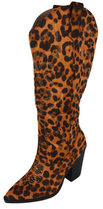 Berness Arizona Women's Knee-High Cowboy Boots Pointed Toe Embroidered Stitching High Block Heel Western Country Concert Line Dance Tall Boots Side Zipper Leopard Cheetah