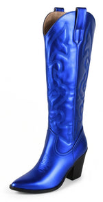 Berness Arizona Women's Knee-High Cowboy Boots Pointed Toe Embroidered Stitching High Block Heel Western Country Concert Line Dance Tall Boots Side Zipper Royal Blue