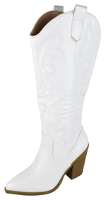 Berness Arizona Women's Knee-High Cowboy Boots Pointed Toe Embroidered Stitching High Block Heel Western Country Concert Line Dance Tall Boots Side Zipper White