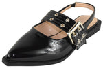 TOP MODA Women Pointed Toe Slingback Flats Elastic Ankle Strap Low Heel Dress Shoes Buckle Design ARTIST-1 Black Patent 