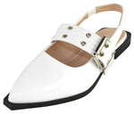 TOP MODA Women Pointed Toe Slingback Flats Elastic Ankle Strap Low Heel Dress Shoes Buckle Design ARTIST-1 White Patent