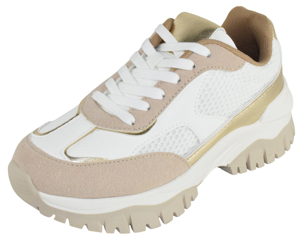 TOP MODA Women Chunky Fashion Sneakers Casual Lace-Up Mesh Walking Shoes Comfort Trainers Thick Sole BIXBY-1 Beige