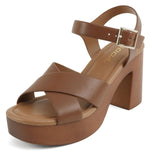 Soda Women’s Platform Heeled Sandals – Open Toe Criss Cross Strap Ankle Buckle Block High Heel Dress Shoes, Faux Leather Chunky Heel Sandals Light Weight BONNET-S Tan Brown