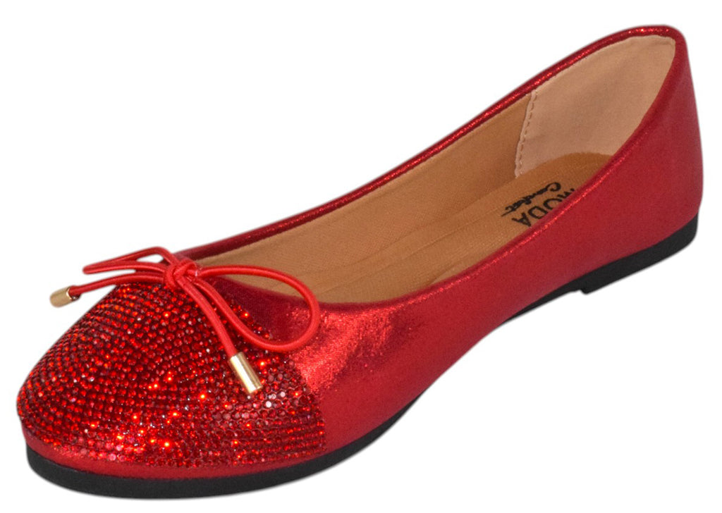 TOP MODA Dress Shoes Women Rhinestone Ballet Flats Round Toe Sparkly Lightweight Bow BONNIE-31 RED