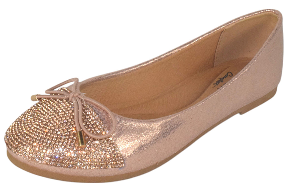 TOP MODA Dress Shoes Women Rhinestone Ballet Flats Round Toe Sparkly Lightweight Bow BONNIE-31 Rose Gold