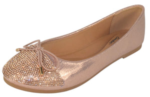 TOP MODA Dress Shoes Women Rhinestone Ballet Flats Round Toe Sparkly Lightweight Bow BONNIE-31 Rose Gold