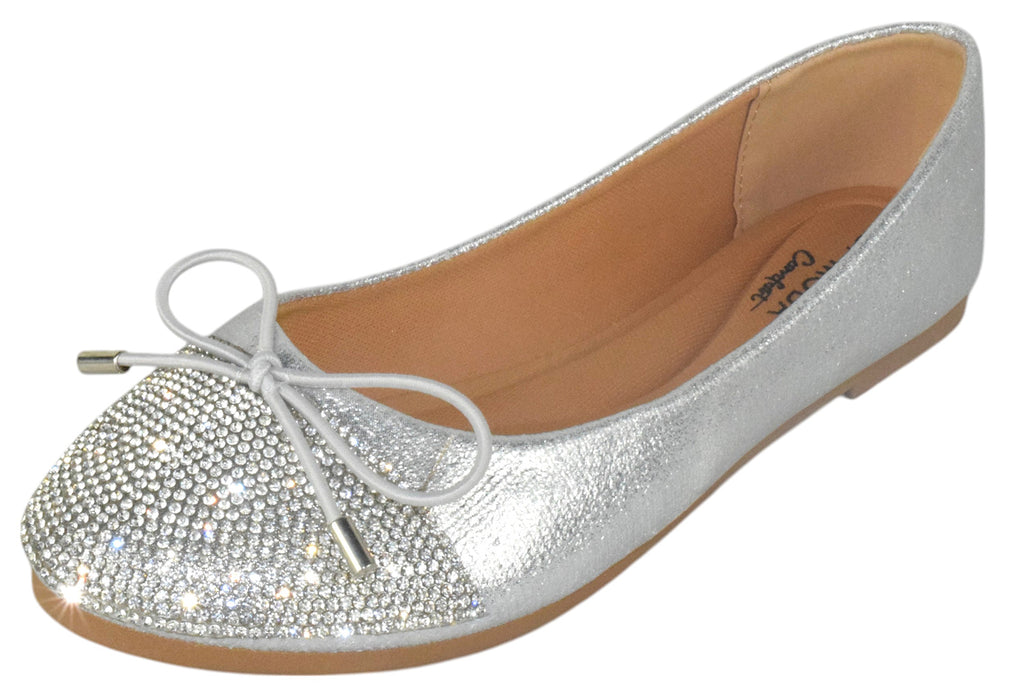 TOP MODA Dress Shoes Women Rhinestone Ballet Flats Round Toe Sparkly Lightweight Bow BONNIE-31 Silver