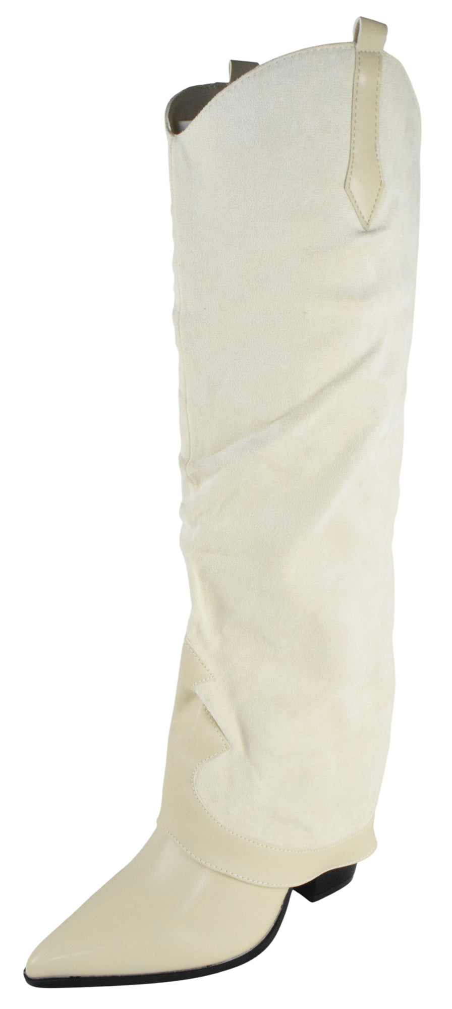 Berness Women’s Brandy Suedette Foldover Knee High Boots – Western Cowboy Style, Pointed Toe, Hidden Block High Heel, Faux Suede &amp; Leather Mix, Hidden Zipper / Pull-On Fashion Boots