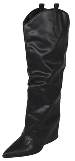 Berness Women’s Brandy Foldover Knee High Boots – Western Cowboy Style, Pointed Toe, Hidden Block High Heel, Faux Leather, Hidden Zipper / Pull-On Fashion Boots Black PU