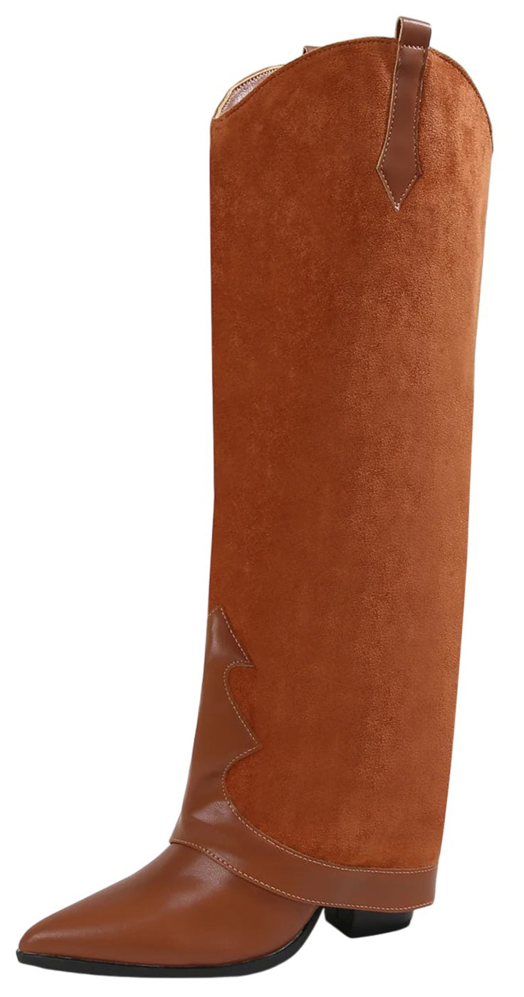Berness Women’s Brandy Suedette Foldover Knee High Boots – Western Cowboy Style, Pointed Toe, Hidden Block High Heel, Faux Suede &amp; Leather Mix, Hidden Zipper / Pull-On Fashion Boots Camel Brown