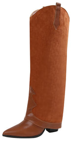 Berness Women’s Brandy Suedette Foldover Knee High Boots – Western Cowboy Style, Pointed Toe, Hidden Block High Heel, Faux Suede &amp; Leather Mix, Hidden Zipper / Pull-On Fashion Boots Camel Brown