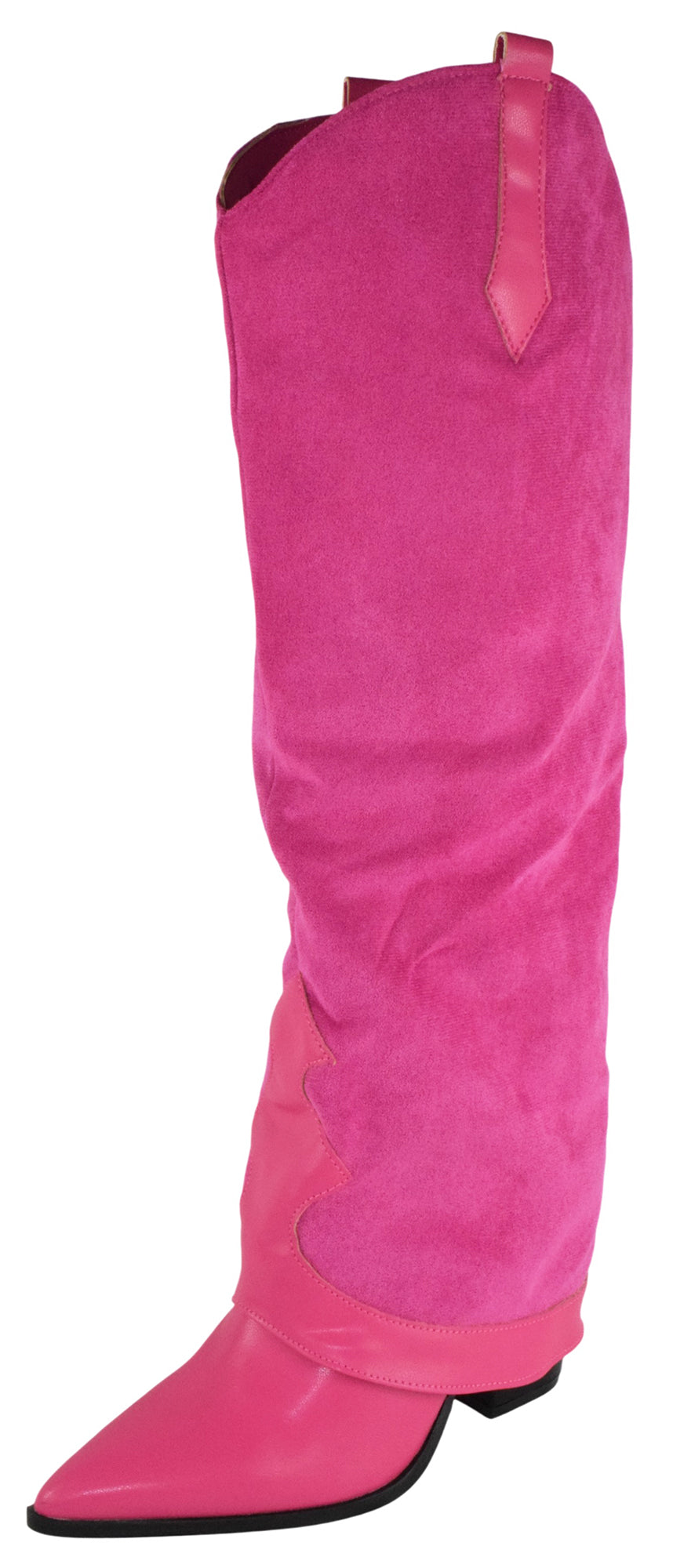 Berness Women’s Brandy Suedette Foldover Knee High Boots – Western Cowboy Style, Pointed Toe, Hidden Block High Heel, Faux Suede &amp; Leather Mix, Hidden Zipper / Pull-On Fashion Boots Hot Pink Fuchsia