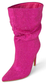 Berness Women Sparkly Rhinestone Mid-Calf Boots, Pointed Toe Slouch Stiletto High Heel Dress Fashion Boots for Women Glamorous Party Evening Date Night Shoes BRIDGET Hot Pink Fuchsia