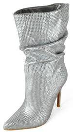 Berness Women Sparkly Rhinestone Mid-Calf Boots, Pointed Toe Slouch Stiletto High Heel Dress Fashion Boots for Women Glamorous Party Evening Date Night Shoes BRIDGET Silver 