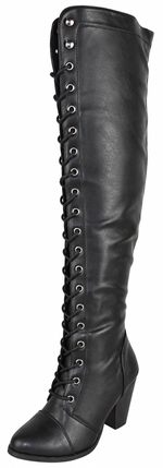 Forever Camila-48 Women's Lace Up Over The Knee Boots Stacked Block High Heel Side Zipper Thigh High Boots Black
