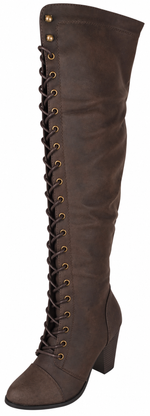 Forever Camila-48 Women's Lace Up Over The Knee Boots Stacked Block High Heel Side Zipper Thigh High Boots Brown