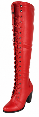 Forever Camila-48 Women's Lace Up Over The Knee Boots Stacked Block High Heel Side Zipper Thigh High Boots Red