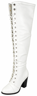 Forever Camila-48 Women's Lace Up Over The Knee Boots Stacked Block High Heel Side Zipper Thigh High Boots White