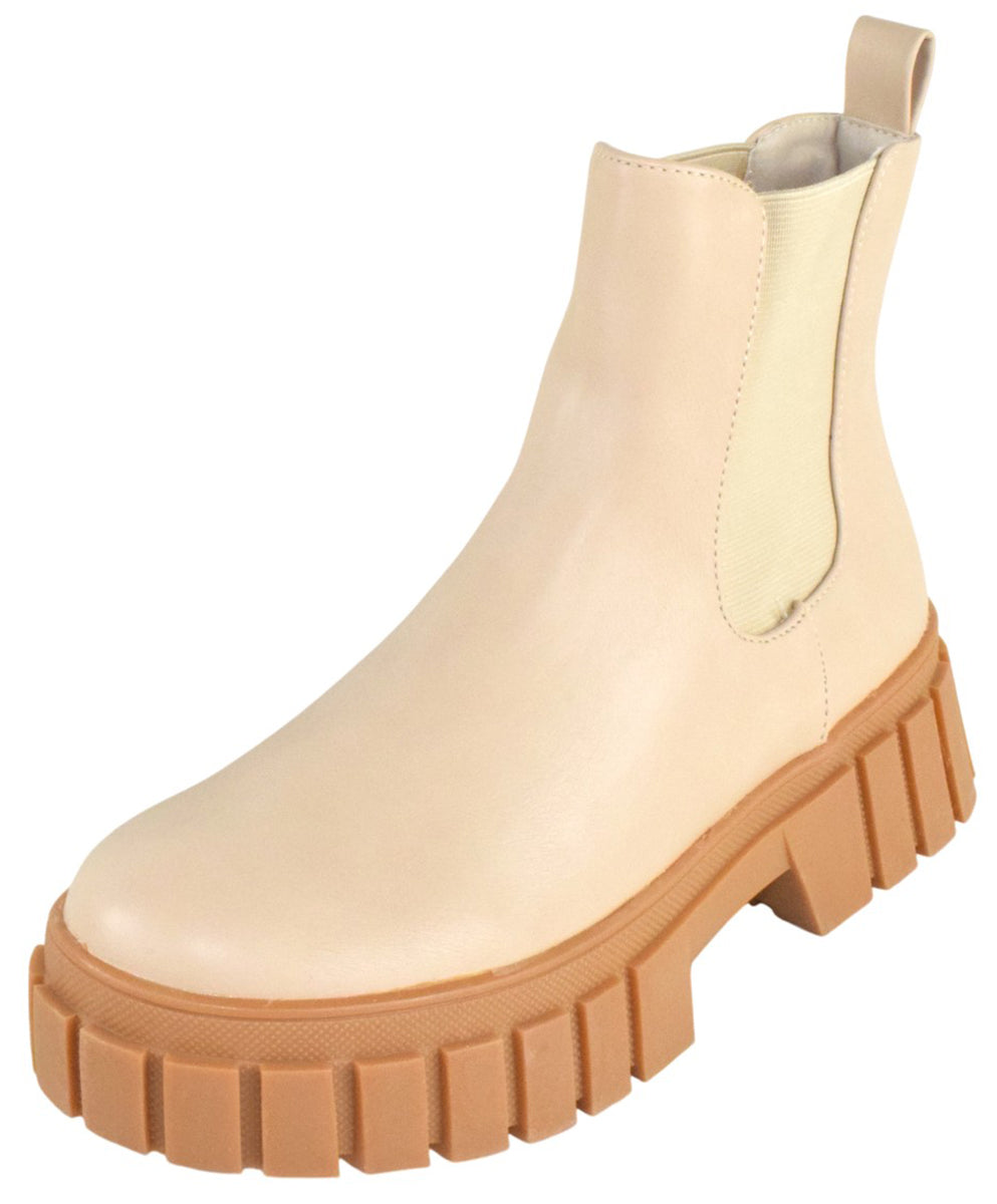 Berness Women Ankle Chunky Chelsea Boots Elastic Sides Slip On Lug Sole Platform Booties CAMILA Beige