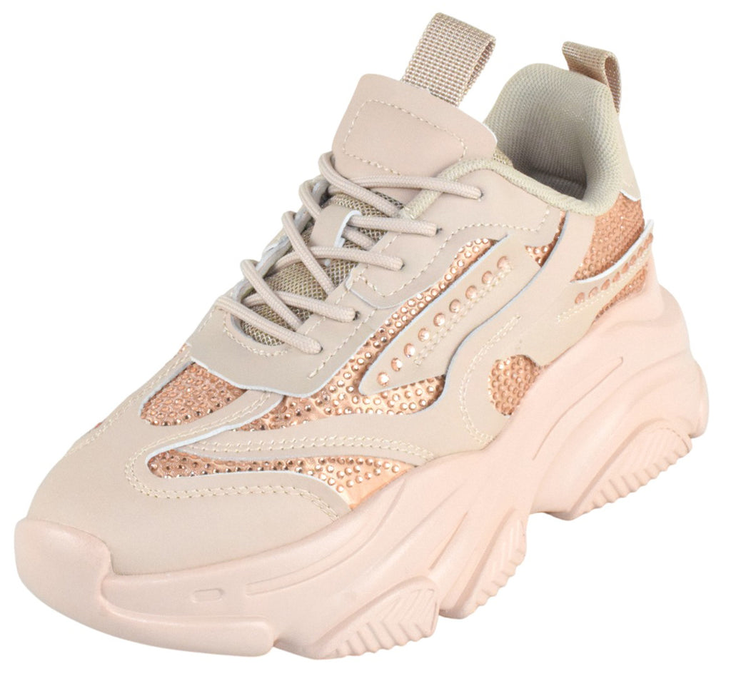 Berness Women Chunky Platform Sneakers Rhinestone Bling Fashion Trainers Lace Up Casual Athletic Shoes CHARLEE Beige