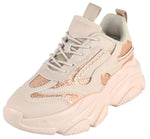 Berness Women Chunky Platform Sneakers Rhinestone Bling Fashion Trainers Lace Up Casual Athletic Shoes CHARLEE Beige