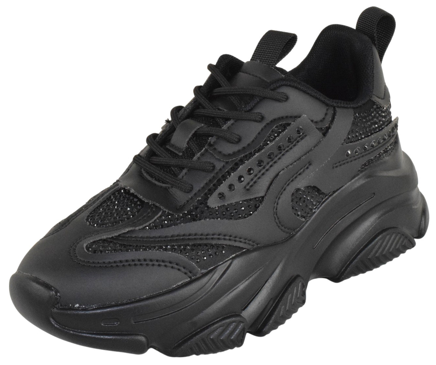 Berness Women Chunky Platform Sneakers Rhinestone Bling Fashion Trainers Lace Up Casual Athletic Shoes CHARLEE Black