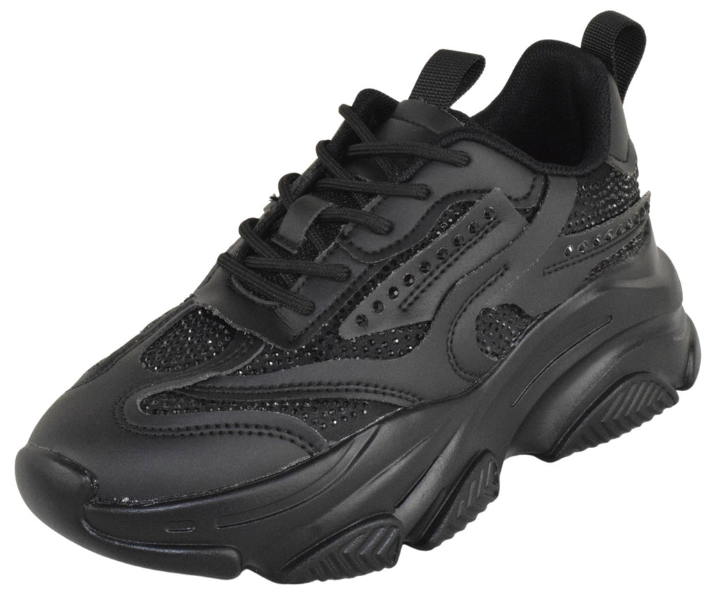 Berness Women Chunky Platform Sneakers Rhinestone Bling Fashion Trainers Lace Up Casual Athletic Shoes CHARLEE Black