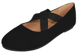 Forever Women Mary Jane Flats Elastic Cross Strap Round Toe Comfort Dress Ballet Shoes CLARE-33 Black Nubuck