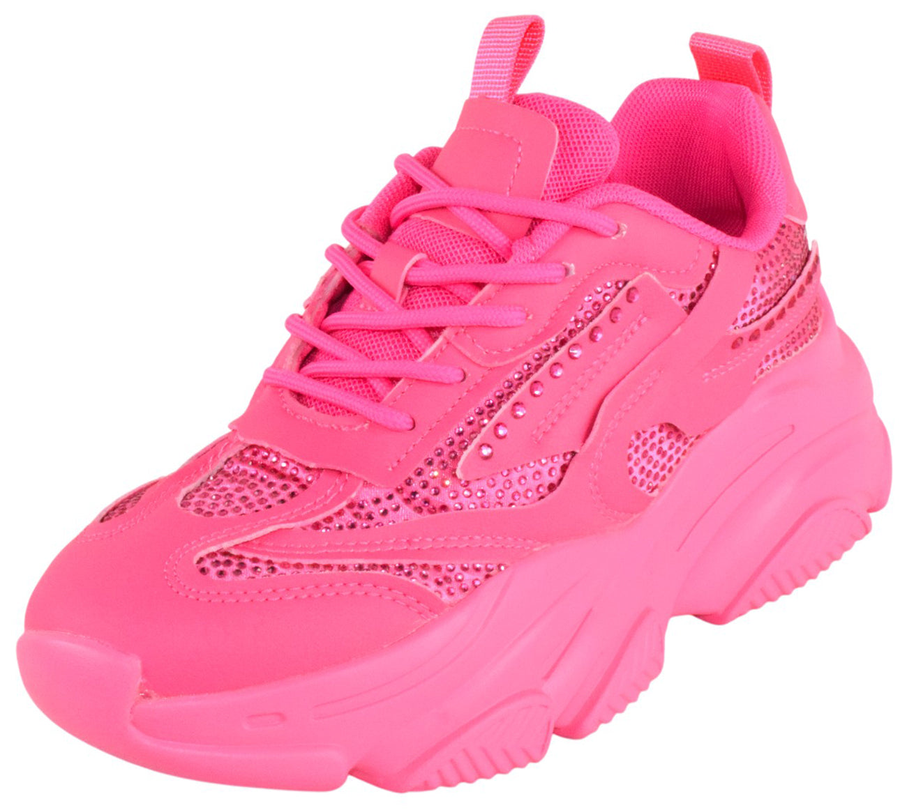 Berness Women Chunky Platform Sneakers Rhinestone Bling Fashion Trainers Lace Up Casual Athletic Shoes CHARLEE Hot Pink Fuchsia