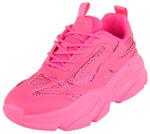 Berness Women Chunky Platform Sneakers Rhinestone Bling Fashion Trainers Lace Up Casual Athletic Shoes CHARLEE Hot Pink Fuchsia
