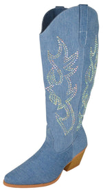 Forever Creek-48 Women's Rhinestone Denim Knee High Cowboy Boots Pointed Toe Western Country Concert Line Dance Boots Cuban Heel Side Zipper Blue Denim