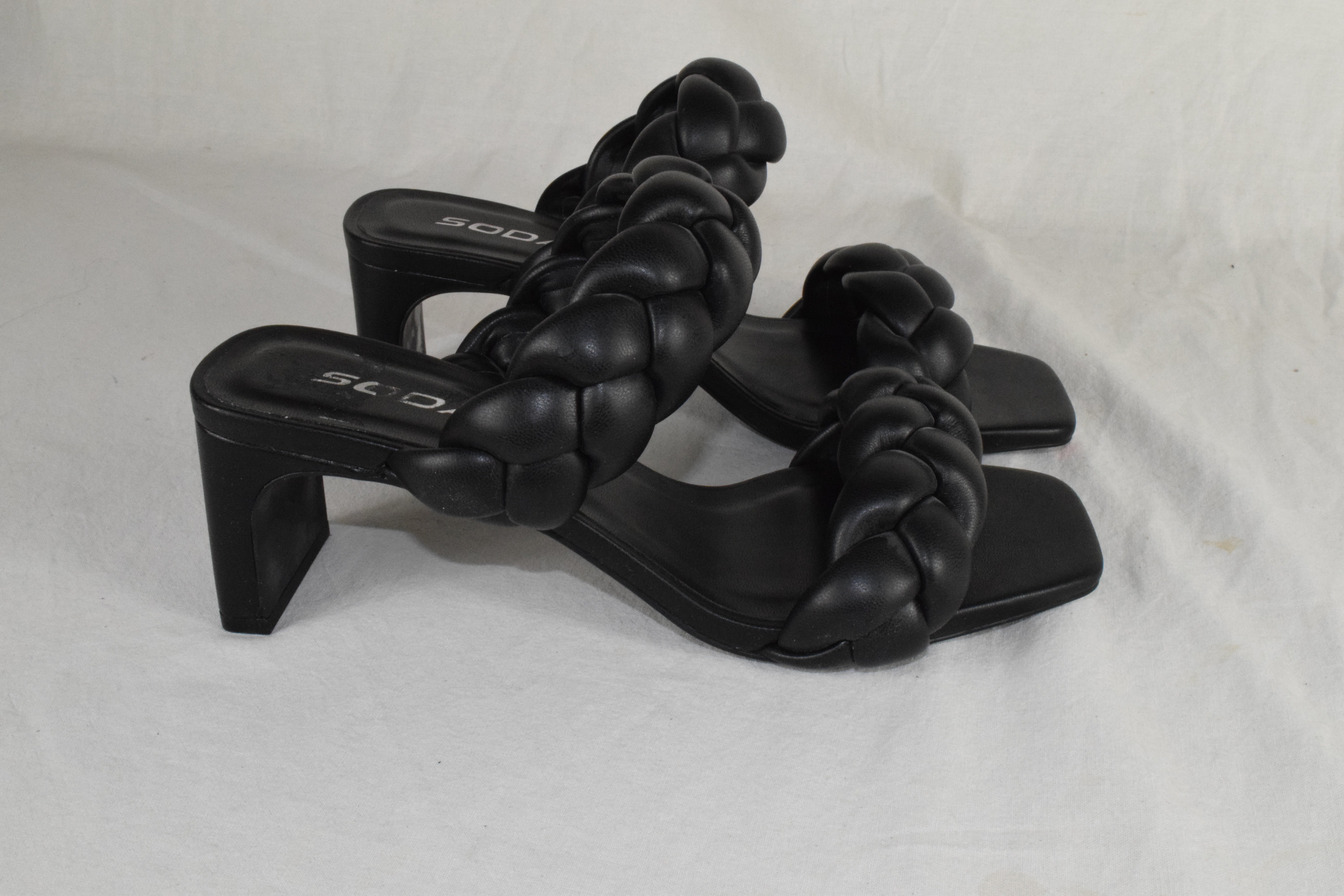 Soda Women Block High Heel Sandals Double Braided Straps Square BUGGY Black 7.5