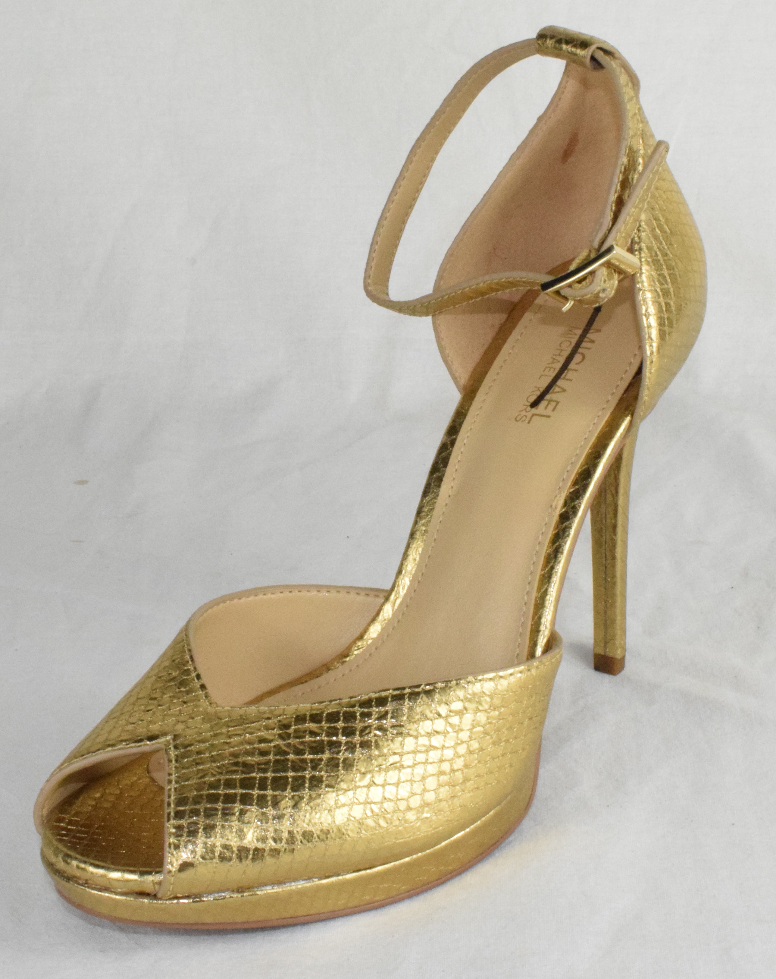 Michael Kors Women Ankle Strap High Heels Open Toe Stiletto Pumps Metallic Gold