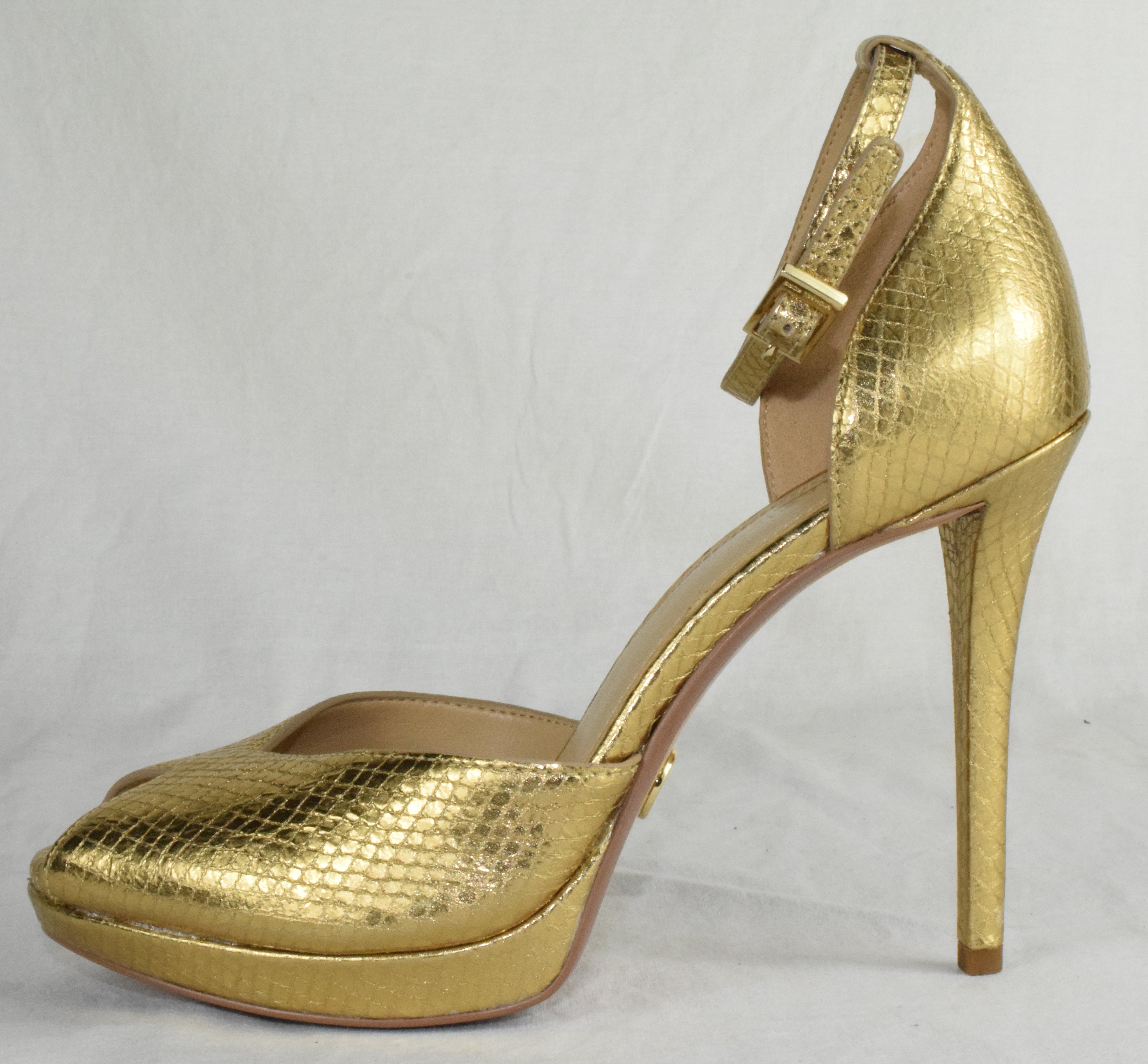 Michael Kors Women Ankle Strap High Heels Open Toe Stiletto Pumps Metallic Gold
