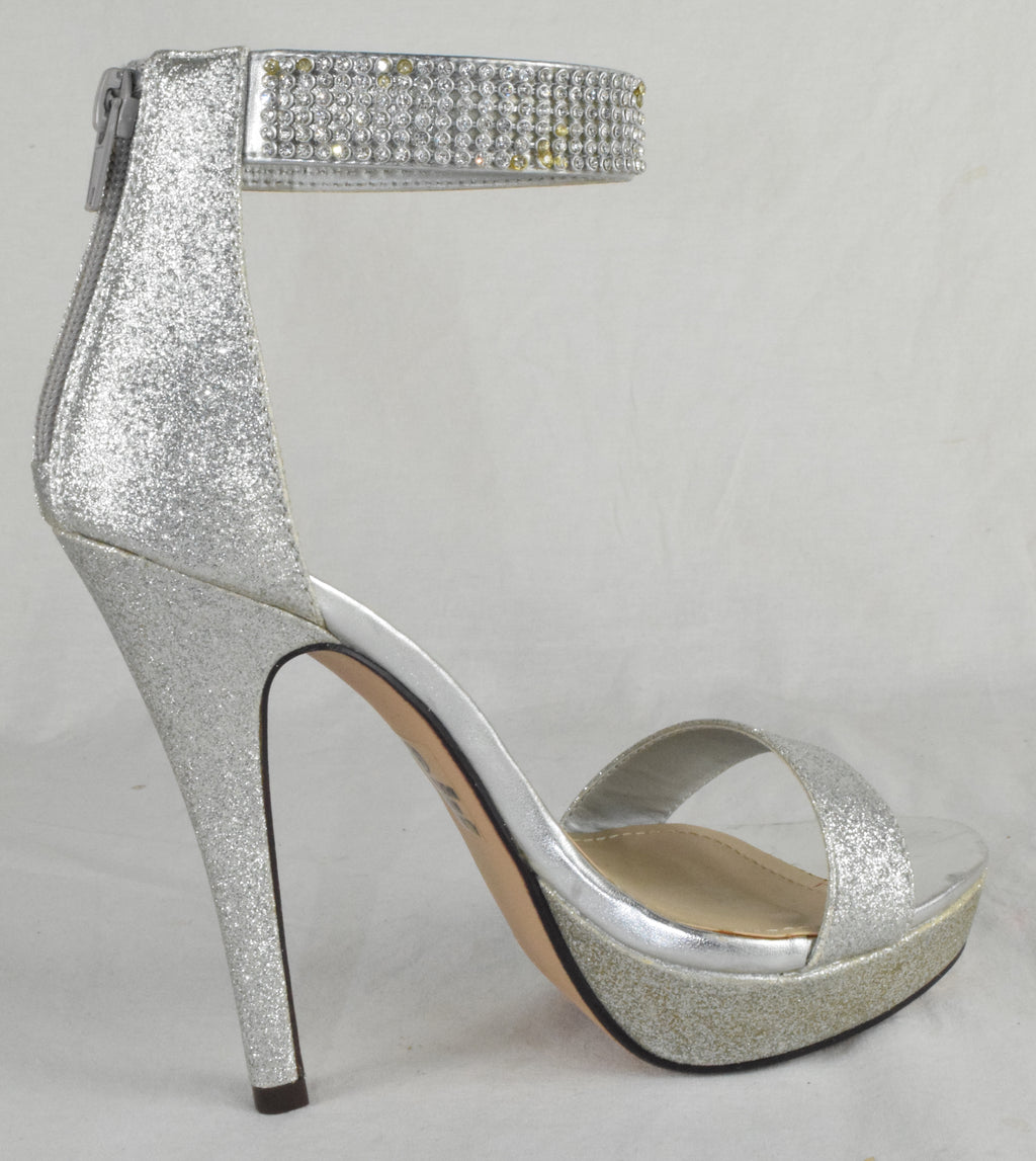 Delicious Women Ankle Strap HighHeel Rhinestone Open Toe Silver Glitter Platform