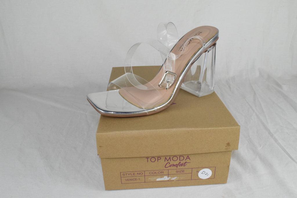 Top Moda Shoes Women Block High Heel Sandals Clear See-Through Straps Silver 7