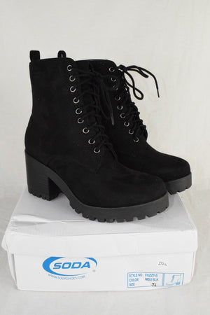 Soda Women High Heels Ankle Boots Combat Lug Sole Booties Black FUZZY Size 7.5
