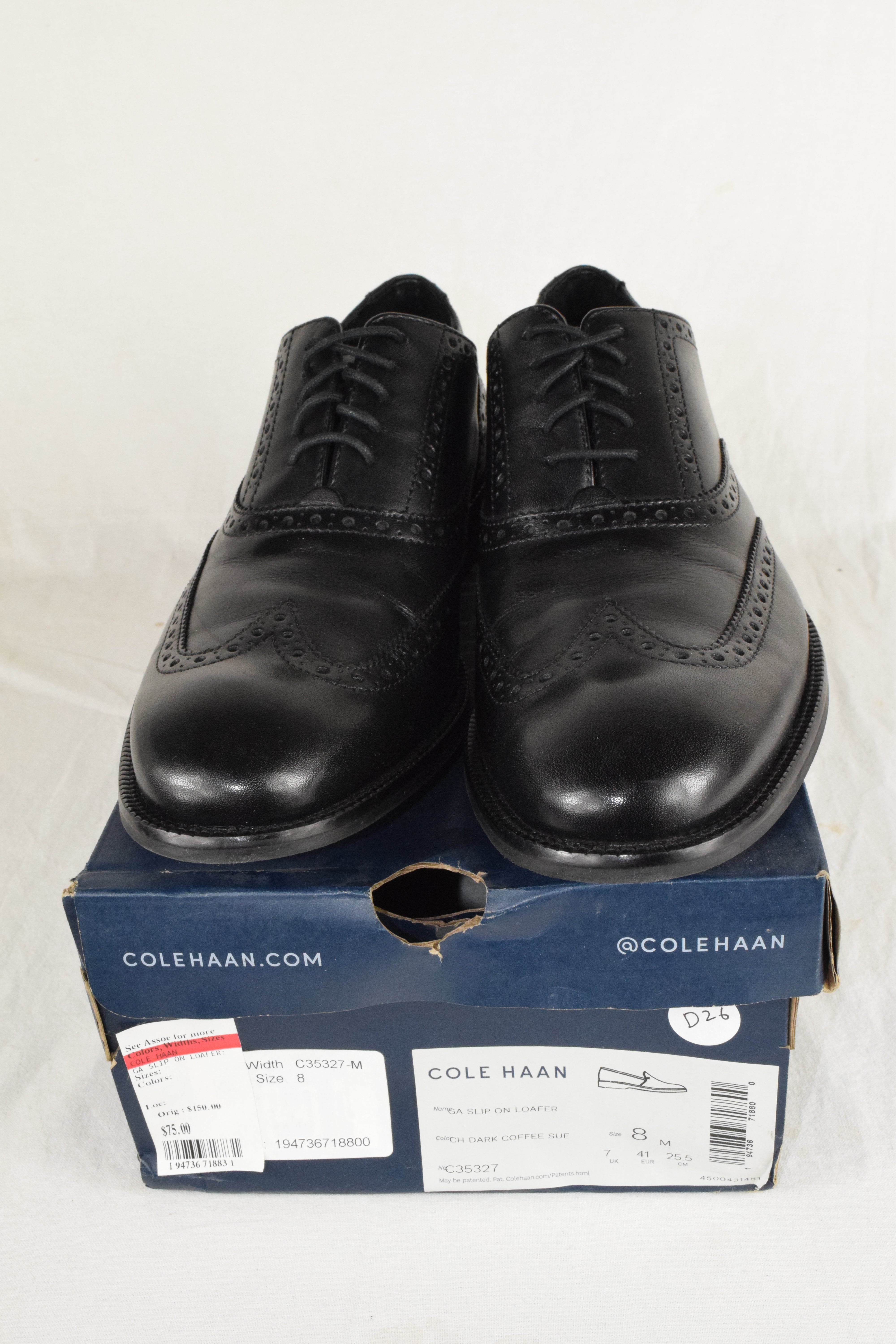 Cole Haan Men Black Leather Wingtip Oxford Dress Shoes Classic Brogue new size 8