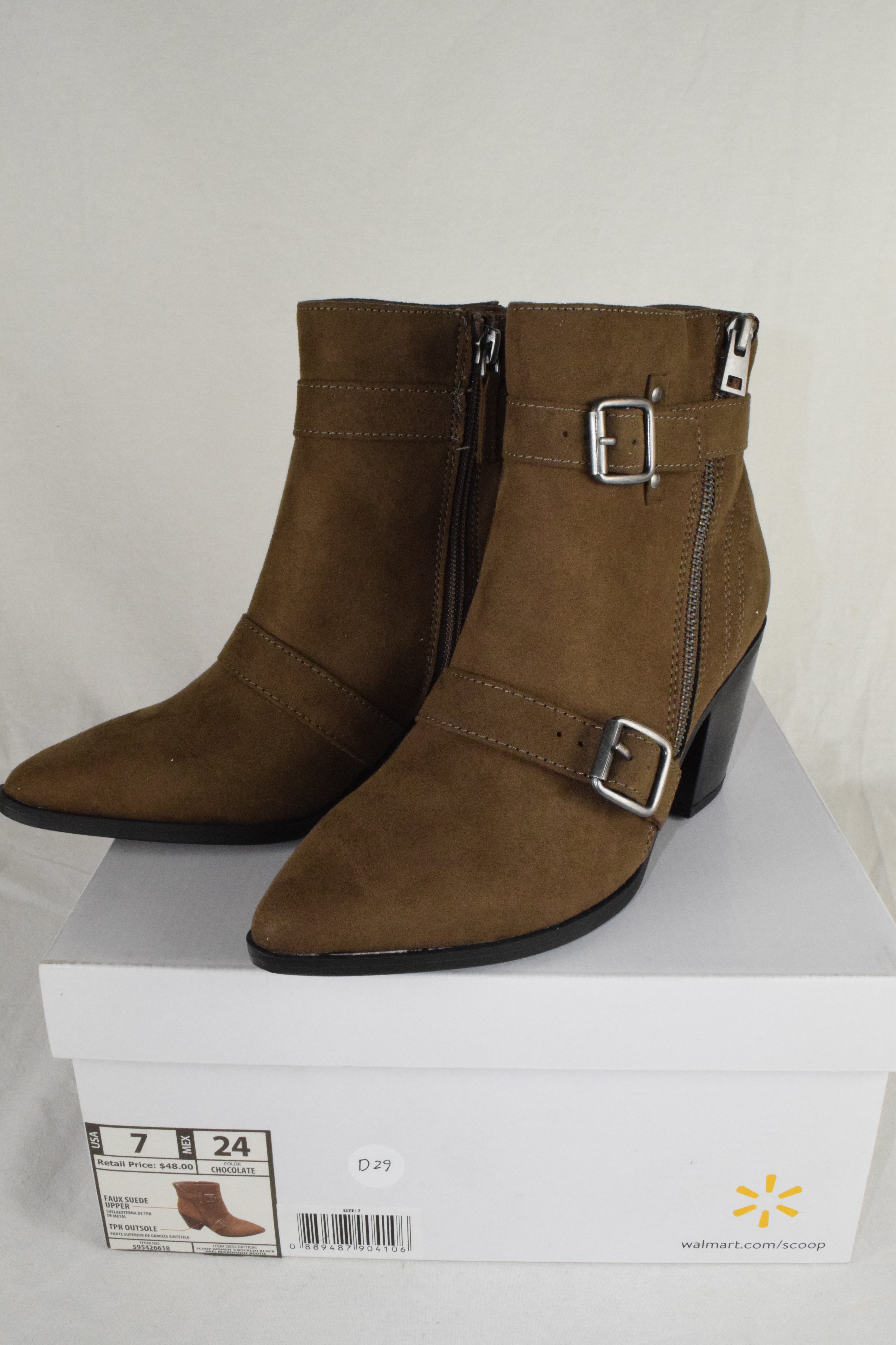 Women Block High Heels Ankle Boots Zipper Buckled Booties Brown Taupe Suede 7