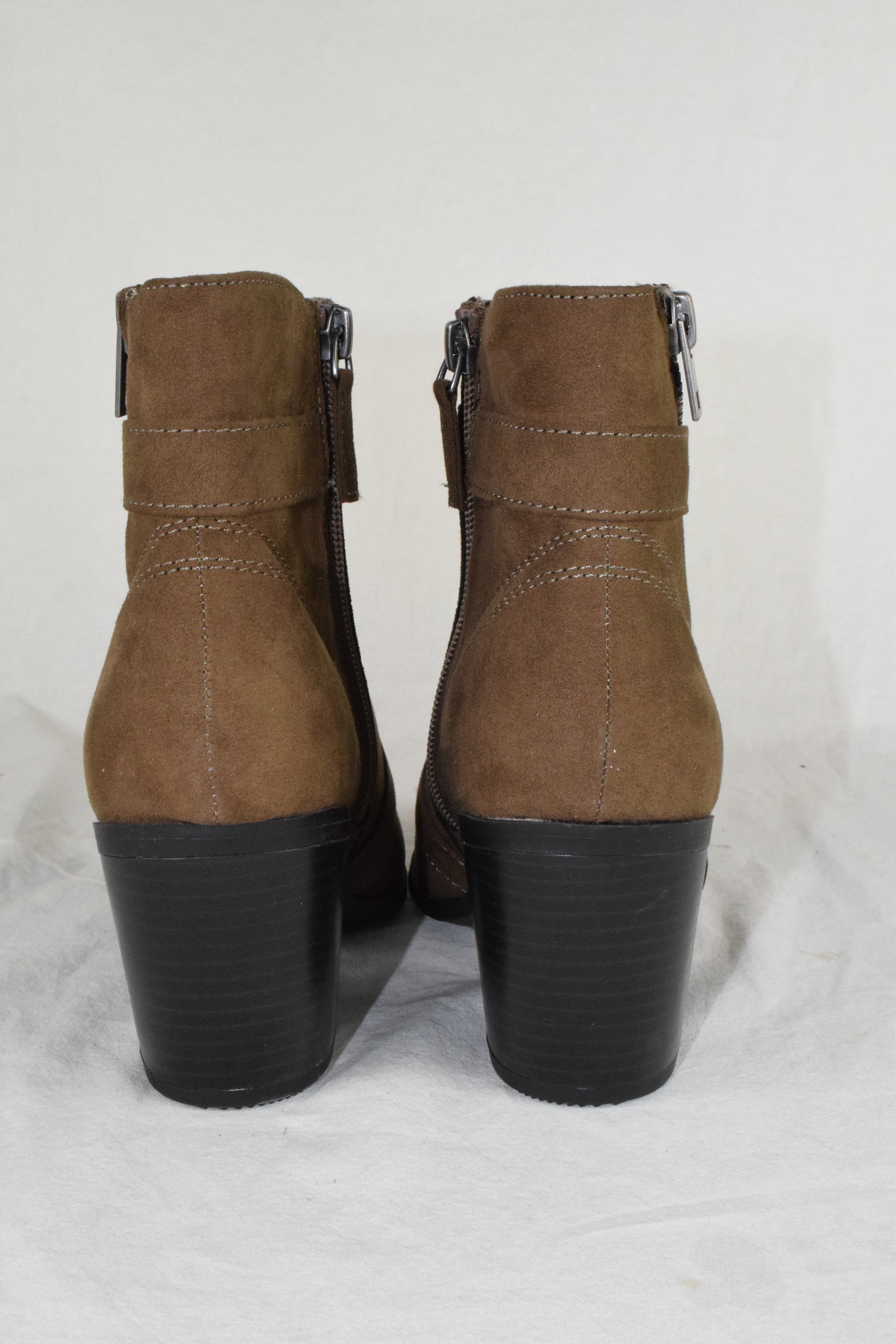 Women Block High Heels Ankle Boots Zipper Buckled Booties Brown Taupe Suede 7
