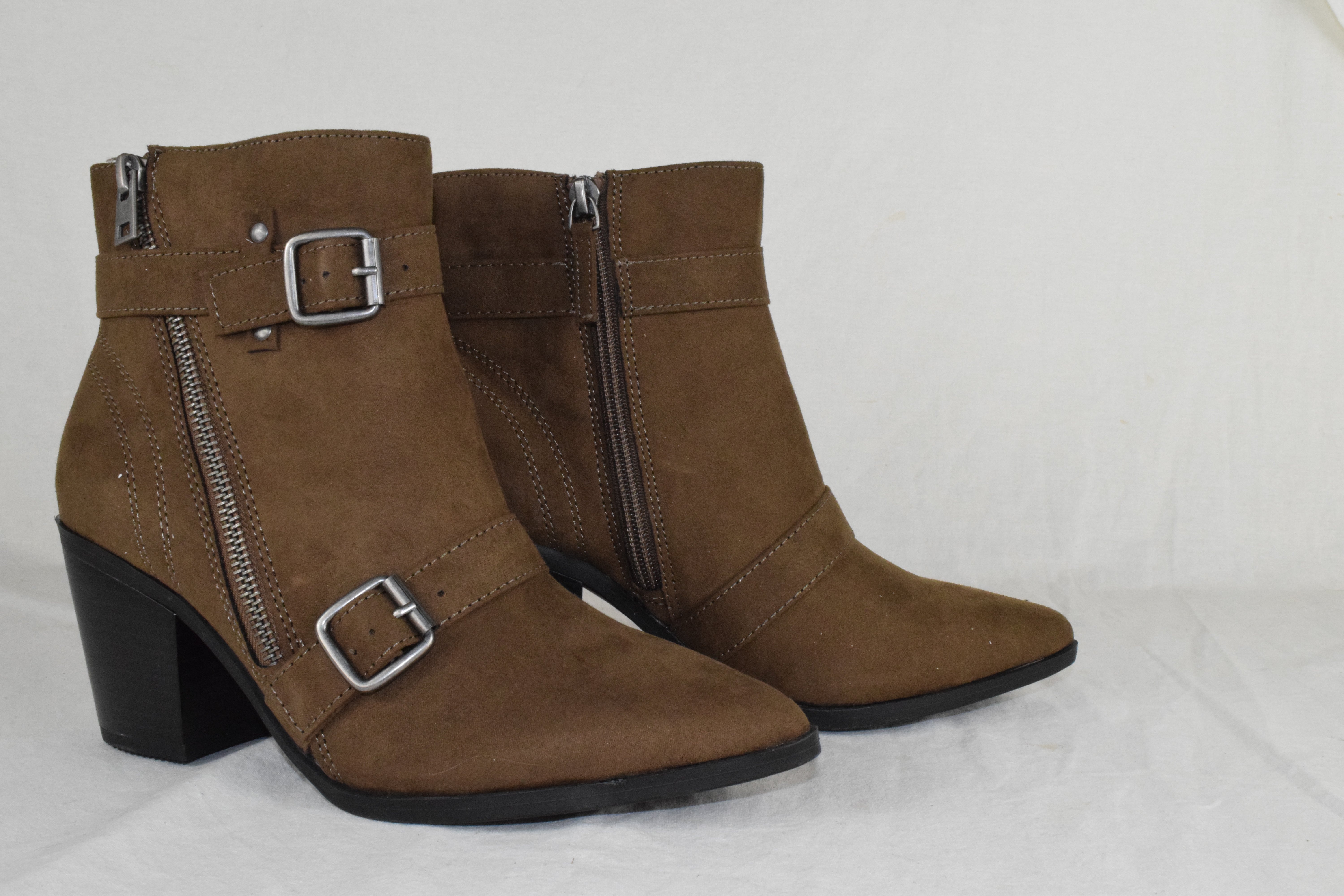 Women Block High Heels Ankle Boots Zipper Buckled Booties Brown Taupe Suede 7